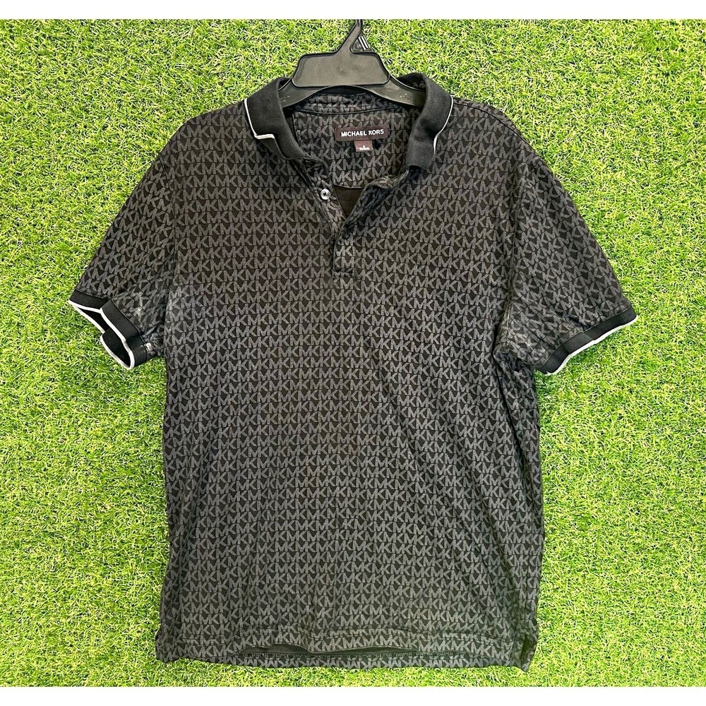 Michael Kors Mens Black Gray Logo Geometric Polo Shirt Short Sleeve Size S
